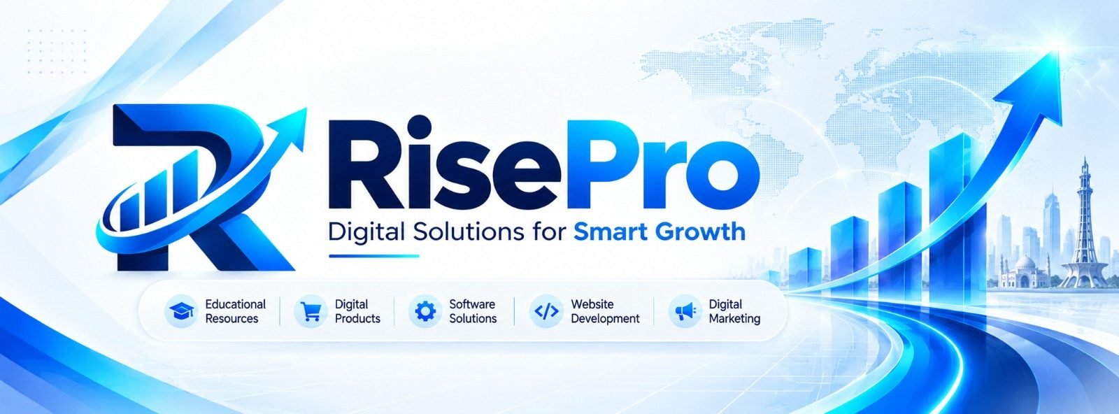 risepro.online brand banner showing the five divisions